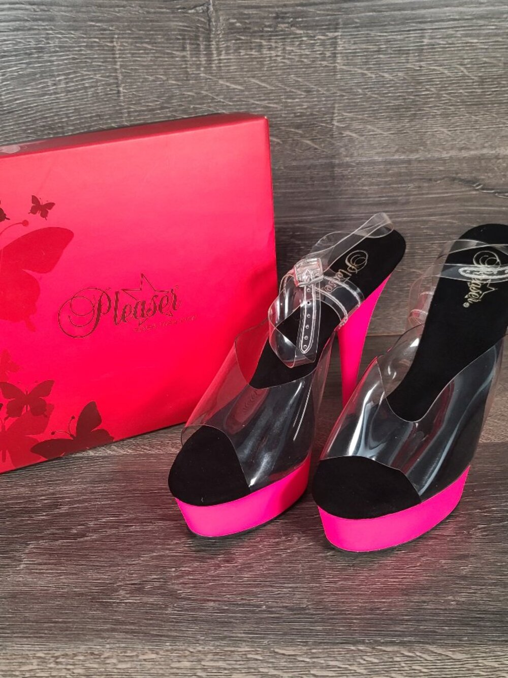 Pleaser Hot Pink and Clear Delight 608UV Pumps Size 14M
